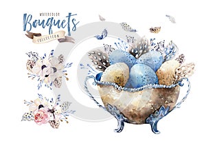 Watercolor happy easter vase illustration with flowers, feathers and eggs. Spring holiday decoration. April boho design.