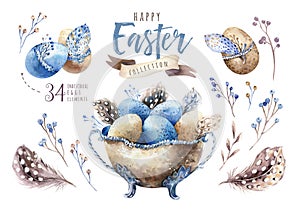 Watercolor happy easter vase illustration with flowers, feathers and eggs. Spring holiday decoration. April boho design.