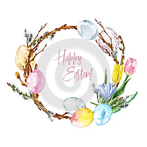 Watercolor spring pussy willow wreath with eggs and flowers, isolated on white background. Decorative frame for Easter cards