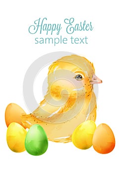 Watercolor happy easter yellow little baby duck with colorful eggs