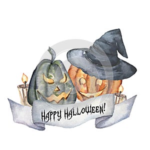 Watercolor Happy Halloween card with pumpkin. Hand painted carved faces pumpkins with candle and witch hat. Halloween