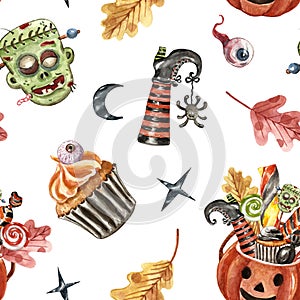 Watercolor happy Halloween seamless pattern. Treats, candies, witch legs, lollipop, zombie head, spooky eyeball
