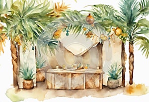 Watercolor Happy Jewish Holiday Sukkot Flat Illustration with sukkah, etrog