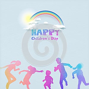 Watercolor of happy kids playing together . Happy children`s day