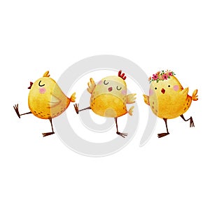Watercolor happy three Easter chicken on white background
