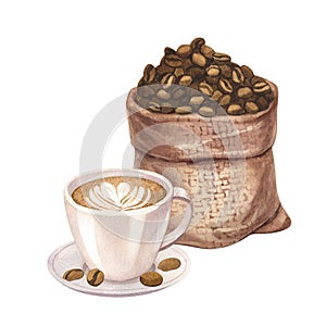 Watercolor hard roasted coffee beans in jute burlap sack and cup latte of coffee. Hand-drawn illustration isolated on