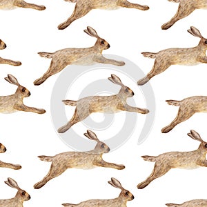 Watercolor hare seamless pattern. A flock of wild hares runs. Jumping mammals on a white background. The illustration is created