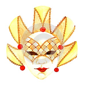 Watercolor harlequin masquerade mask of warm sunny shades isolated on white background. Yellow Venetian traditional mask