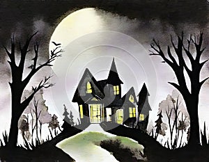 Watercolor of haunted house in the woods