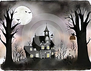 Watercolor of haunted house in the woods