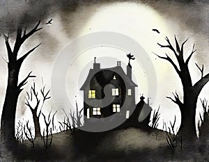 Watercolor of haunted house in the woods