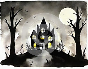 Watercolor of haunted house in the woods