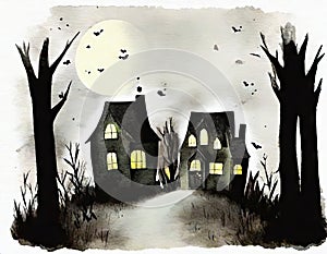 Watercolor of haunted house in the woods