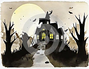 Watercolor of haunted house in the woods