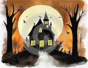 Watercolor of haunted house in the woods