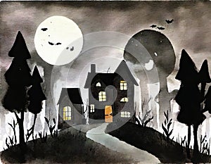 Watercolor of haunted house in the woods