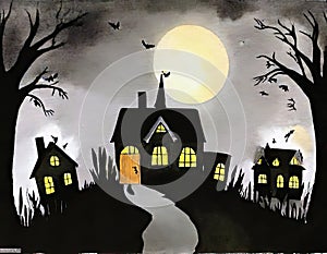 Watercolor of haunted house in the woods
