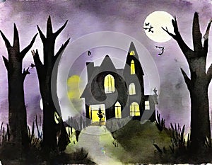 Watercolor of haunted house in the woods