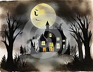 Watercolor of haunted house in the woods