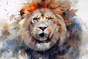 Watercolor Head of Lion Portrait on a white background. Generative AI