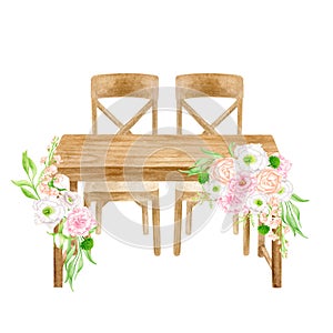 Watercolor head table with flower arrangement isolated on white. Hand painted wood sweetheart table, wooden chairs