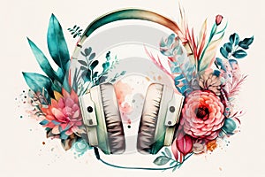 Watercolor headphones with floral design. Generative ai