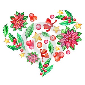 Watercolor heart I love Christmas, poinsettia, holly berries, stars, bow. Invitation card. Elements in heart shape isolated on