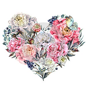 Watercolor Heart made of Peonies and Foliage