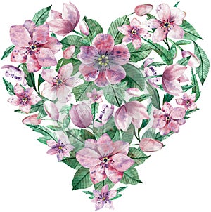 Watercolor heart made of pink spring flowers and green leaves. Valentine's day decoration. Floral heart.