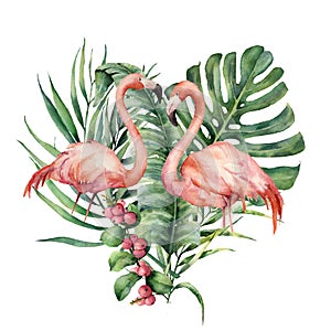 Watercolor heart with palm leaves and flamingo. Hand painted exotic bird, coconut and banana branch, monstera, berries