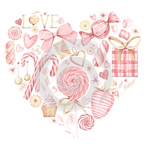 Watercolor heart with pink and gold set of elements for Valentine's day. Sweets, hearts, jewellery, bows, flowers