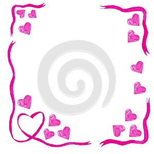 Watercolor heart pink valentine`s day love decor elements hearts frame composition ribbon