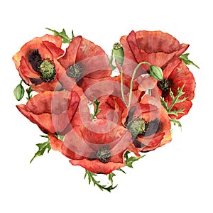 Watercolor heart with red poppies. Hand painted flowers and leaves isolated on white background. Valentine`s Day print