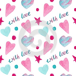 Watercolor heart seamless pattern. Happy Valentain Day. Watercolor handdrawen lettering photo