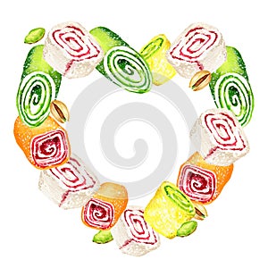 watercolor heart-shaped frame of oriental sweets, multicolored rahat lukum, oriental sweets, illustration of traditional