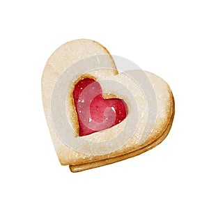 Watercolor heart shaped Linzer cookie filled with strawberry jam. Valentines day concept