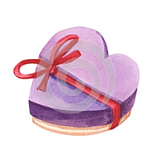 Watercolor Heart shaped purple gift box with red bow.