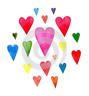Watercolor hearts pictures, hand painted multicolored washings,