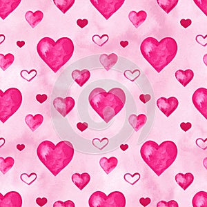 Watercolor hearts seamless background. Pink watercolor heart pattern. Colorful watercolor romantic texture.