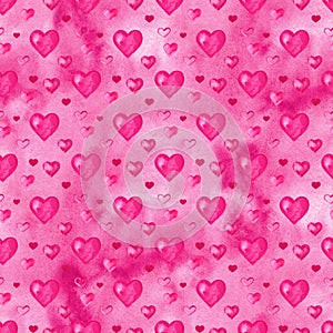 Watercolor hearts seamless background. Pink watercolor heart pattern. Colorful watercolor romantic texture.