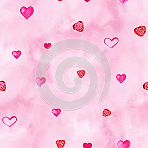 Watercolor hearts seamless background. Pink watercolor heart pattern. Colorful watercolor romantic texture.