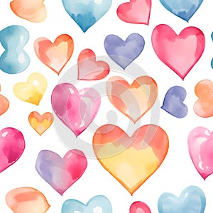 Watercolor hearts seamless background. Pink tiled pattern from heart shapes isolated on white. Romantic texture in pastel colors