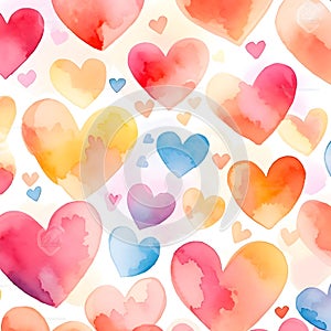 Watercolor hearts seamless background. Pink tiled pattern from heart shapes isolated on white. Romantic texture in pastel colors