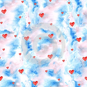 Watercolor hearts seamless background. Pink heart pattern. Colorful romantic texture.