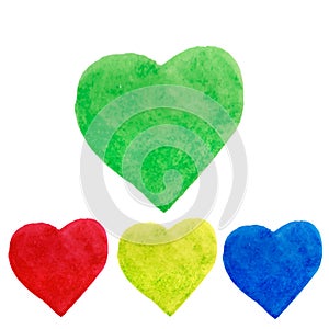 Watercolor hearts shape splashes, green, blue, yellow, red.