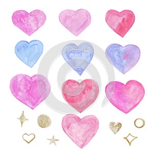 Watercolor hearts of tender pink and blue and gold stars and circles set elements on a white background