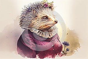 Watercolor hedgehog dressed as an old gran lady Mrs Tiggy Winkle style