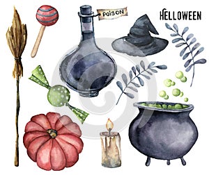 Watercolor helloween set. Hand painted bottle of poison, cauldron with potion, broom, candle, candies, pumpkin, witch