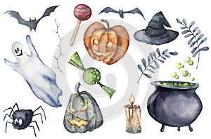 Watercolor helloween set. Hand painted bottle of poison, cauldron with potion, broom, candle, candies, pumpkin, witch