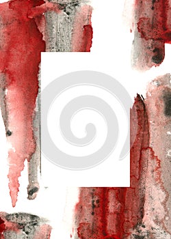 Watercolor helloween vertical card. Hand painted abstract frame with red and gray blood texture. Holiday illustration